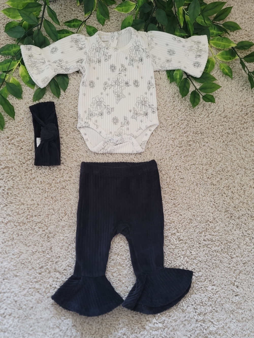 Baby Girl Black & White Floral Outfit + Headband (3-6 Months)